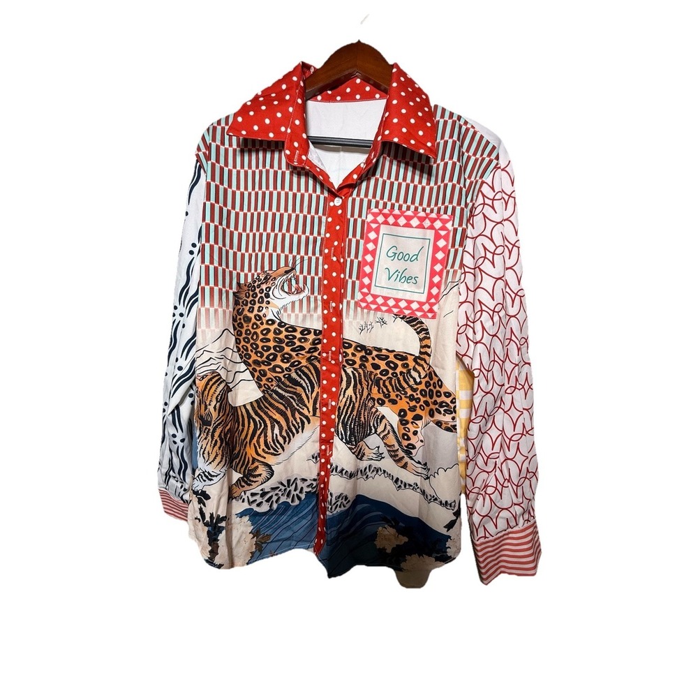 ME369 Isabel Oriental Shirt Large Tiger Leopard Mixed Print Button Up XL